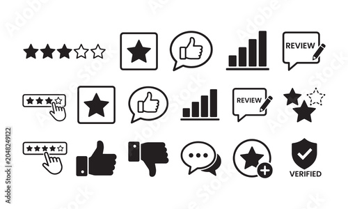 Customer Review and Rating Icons Set with Feedback, Verification and Reputation Symbols