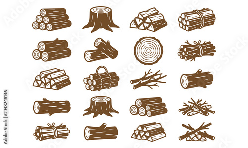 Firewood and Timber Icons Set with Logs, Branches and Wood Bundles
