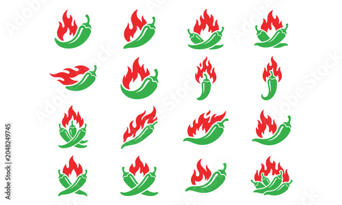 Red Chili Pepper Icons Set with Stylized Flame-Inspired Designs
