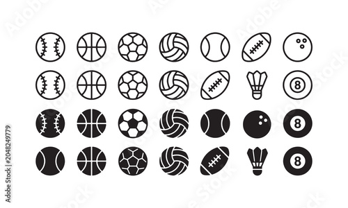 Sports Ball Icons Set with Various Athletic Equipment Symbols