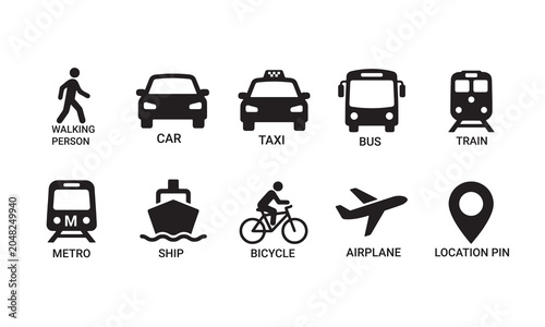 Transportation and Travel Icons Set with Public Transit and Vehicle Symbols