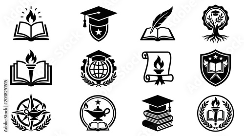 Set of Academic and Education Icons with Books and Graduation Elements
