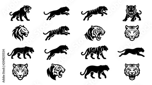 Tiger Silhouette Vector Set: Roaring, Pouncing, and Running Big Cat Icons