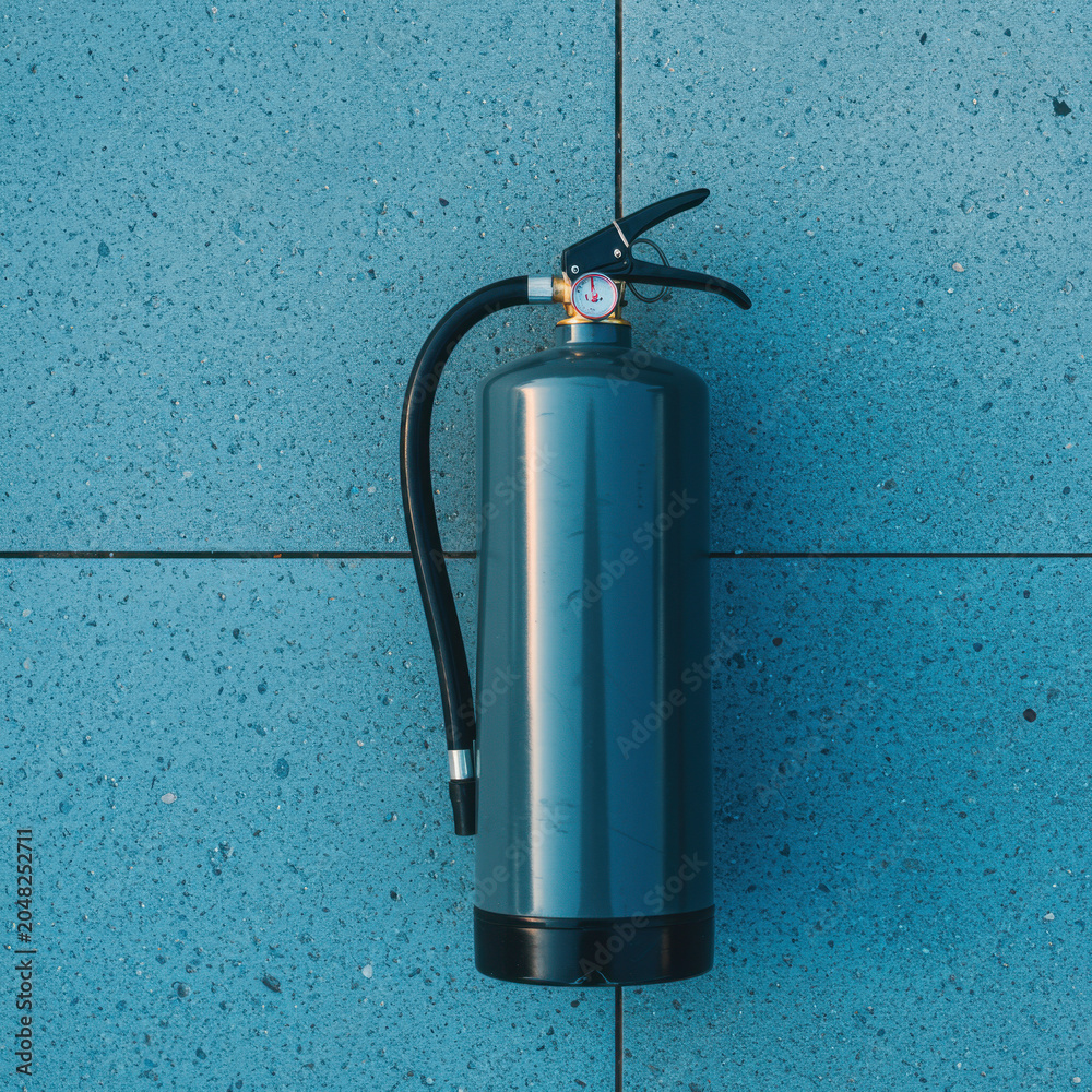 Obraz premium Dark grey fire extinguisher laying on a blue textured stone floor for safety equipment marketing, emergency preparedness guides and industrial fire protection styling