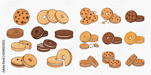 Canvas Print Set of various hand-drawn cookies, biscuits, and chocolate chip treats, perfect for snack and dessert illustrations