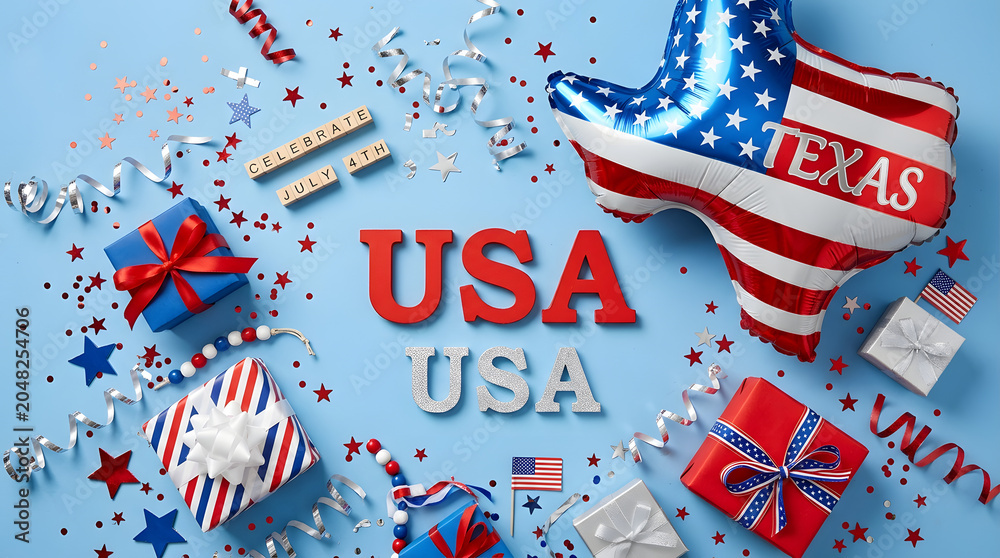 Obraz premium Fourth of july celebration with usa decorations and texas balloon