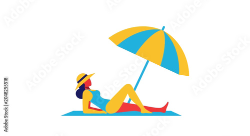 Quadro su tela Woman sunbathing under umbrella on beach, summer vacation, flat design
