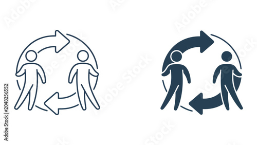 Business interaction and cycle process icons showing people in circular arrows for continuous improvement and workflow management in professional vector style for corporate communications and websites