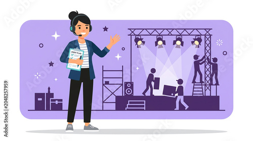 Organized event manager in headset supervising a diligent crew installing stage equipment and lighting for a grand live concert or theatrical show production