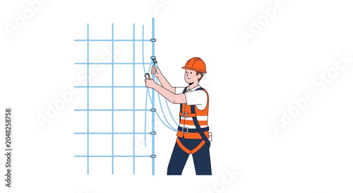 Foto Construction worker in safety harness attaching to vertical lifeline on grid