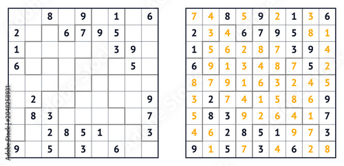 Foto Sudoku puzzle grid with solved solution and empty cells for play