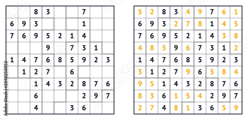 Quadro su tela Sudoku puzzle grid with solutions and empty squares for difficulty