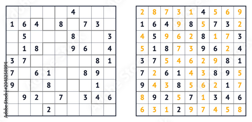 Fotografie Sudoku game template with completed puzzle on white background