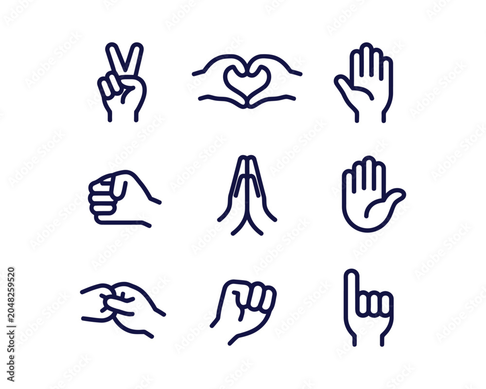 Obraz premium Hand Gesture Outline Icons Featuring Pointing, Thumbs, Handshake, and Swipe Symbols for Interface Design