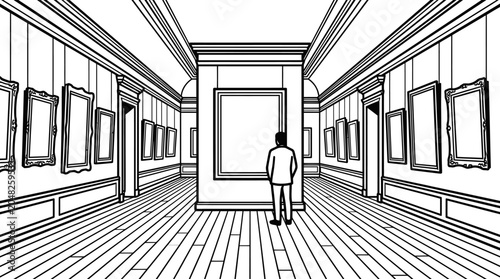 Foto A man stands alone in a museum gallery admiring a large framed painting