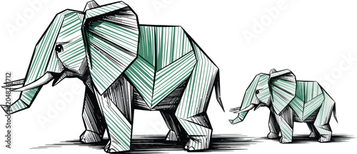 Photography Origami elephants, green striped paper art, vector illustration, animal designs