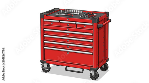 Red metal toolbox on wheels with black accents and tools on top against a white background.