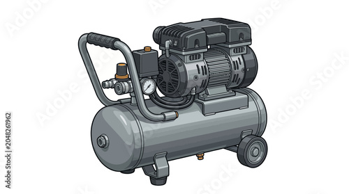 Gray portable air compressor with black motor and handle on wheels against a white background.