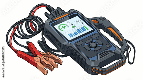 Bild auf Leinwand Close-up of a portable battery tester with a digital display and attached cables on a plain white background