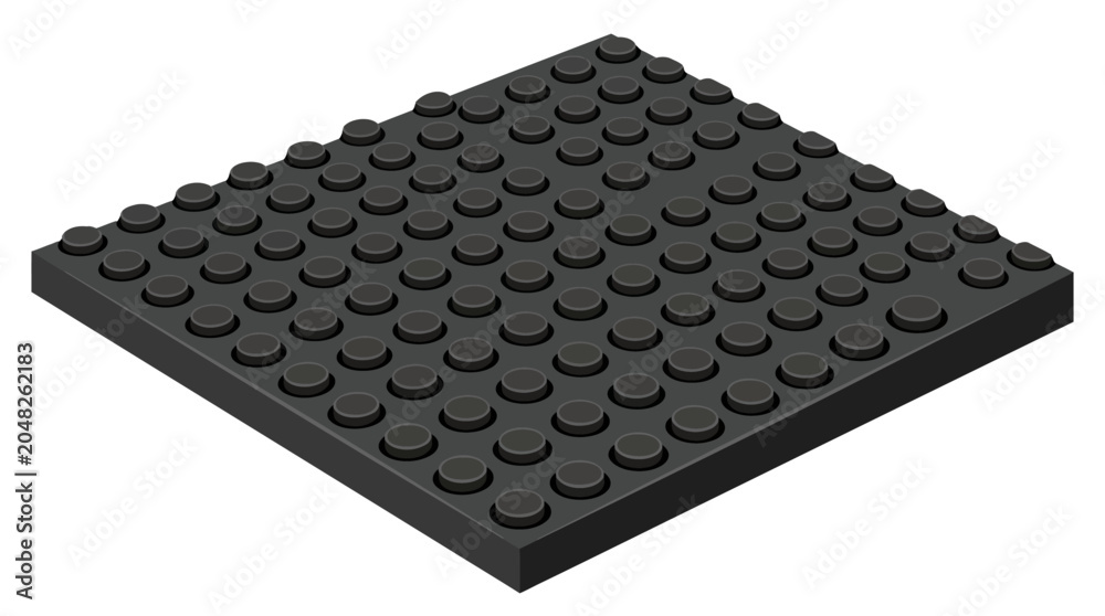 Naklejka premium High-angle view of a black plastic building baseplate with studs on a white background.