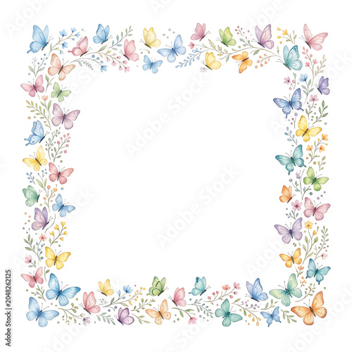 Beautiful floral frame with butterflies and flowers, watercolor clip art