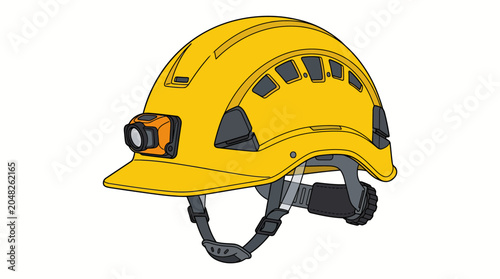 Obraz na plátně Yellow hard hat with a headlamp on a white background, featuring ventilation holes and a chin strap