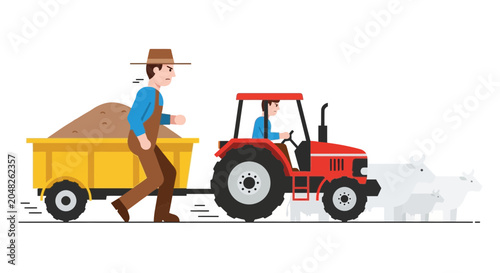 Valokuva Farmer driving tractor with trailer, herding sheep, farming concept