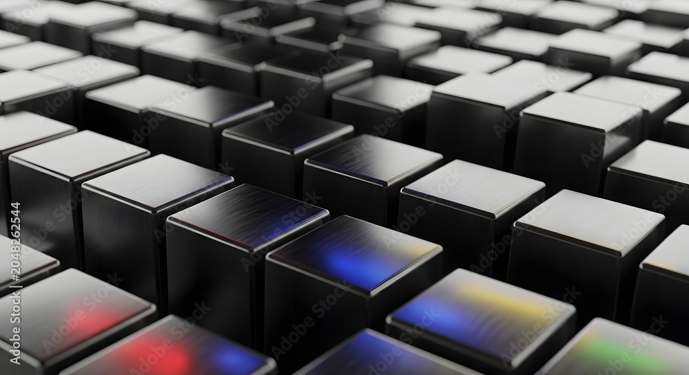 Fototapeta premium Black metallic cubes array with glowing edges in dark space.