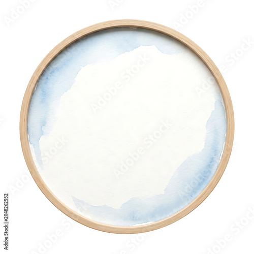 Delicate round wooden frame clip art with airy blue abstract watercolor background, perfect for gentle, natural-inspired designs