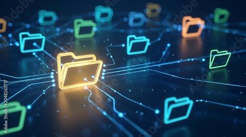 Digital data organization and network connectivity concept with glowing folder icons and glowing blue network lines