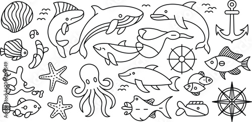 Bild auf Leinwand Marine Life Icons, Ocean Animals Vector Set, Sea Creatures Illustrations, Nautic