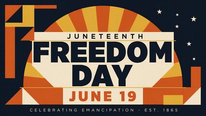 Juneteenth Freedom Day celebrating emancipation on June 19 est 1865 with abstract graphic elements