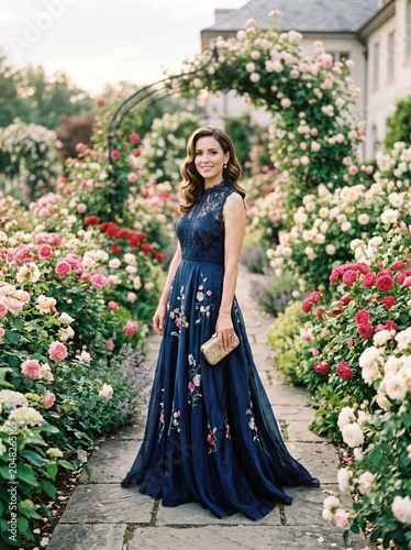 Graceful woman in elegant dress posing in a beautiful rose garden.