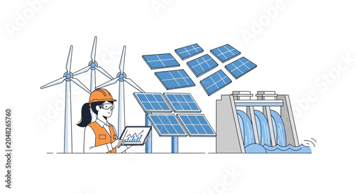 Foto Renewable energy engineer with solar panels, wind turbines, and hydroelectric da