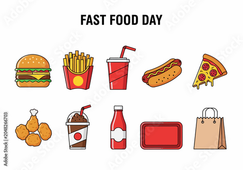 Foto A collection of colorful fast food icons including burgers, fries, drinks, hot d
