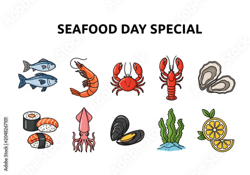 Foto Seafood Day Special - Collection of Various Delicious Seafood Items and Ingredie