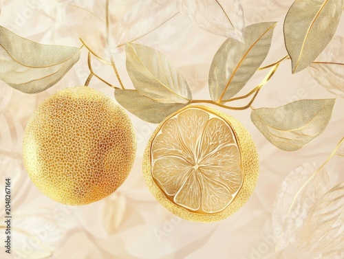 Golden citrus fruits art nature setting digital illustration elegant design close-up view freshness concept