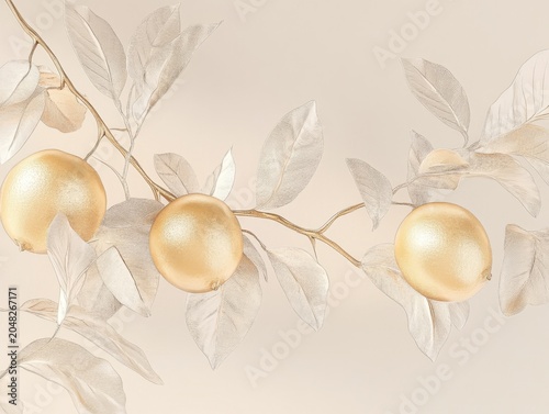 Elegant golden fruits among delicate leaves luxurious still life soft background artistic flair nature's beauty