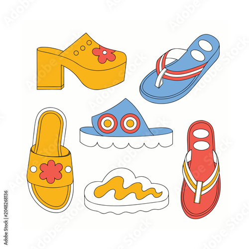 Vintage summer sandals and slippers footwear art.