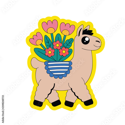 Cute llama with flowers cartoon vector illustration.