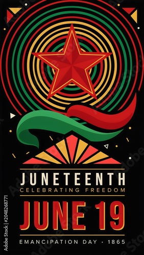 Juneteenth Independence Day celebration banner with vibrant colors and symbolic elements commemorating freedom