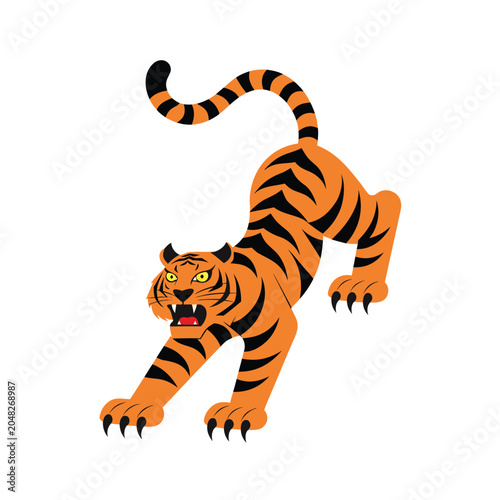 Stretching tiger with sharp claws cartoon illustration.
