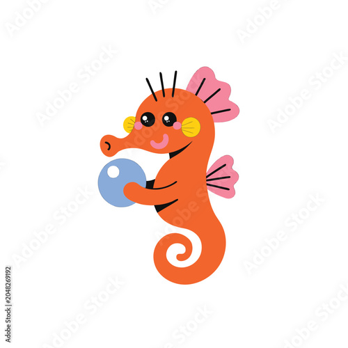 Cute orange seahorse holding blue pearl illustration.