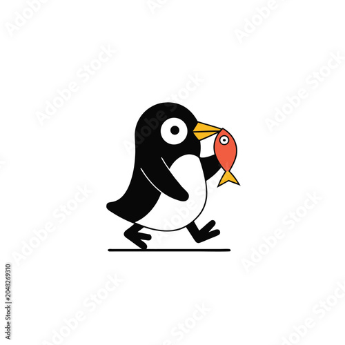 Cute penguin character holding small orange fish.