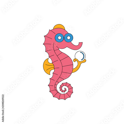 Pink seahorse holding white pearl icon illustration.
