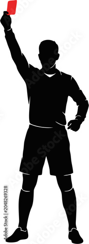 Football referee silhouette raising a card during an important match decision.