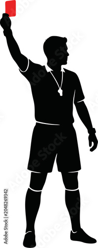 Referee silhouette showing a card, representing authority, discipline, and fair play in football.