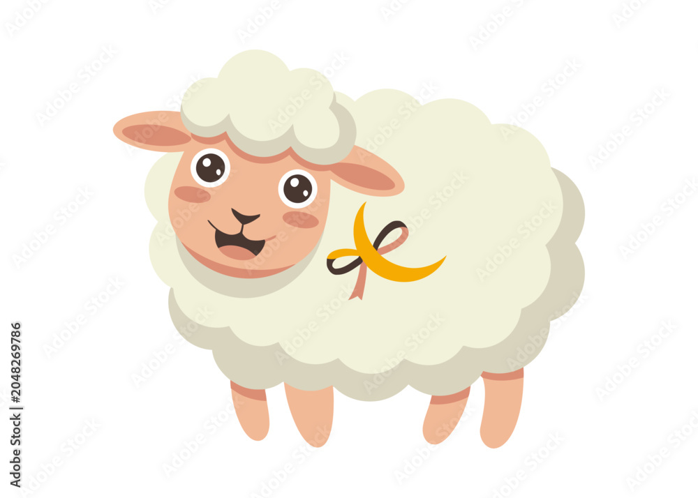 Fototapeta premium Cute sheep cartoon vector illustration, fluffy lamb with a bell collar isolated on white background