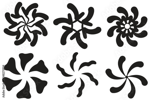 Abstract Spiral Flower Vector Set 6 Black Pinwheel Floral Silhouette Design Element