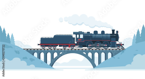 Canvastavla Vintage Steam Train Crossing Bridge in Snowy Landscape